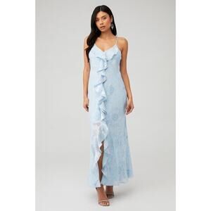 LoveShackFancy NWT Silk Blue June Metallic Floral Ruffle Maxi Dress Size 10